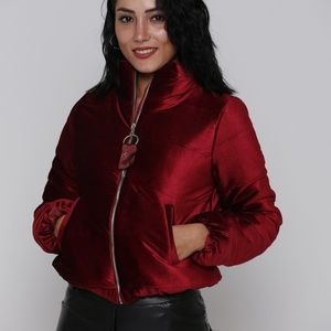 Burgundy, Red Velvet Crop puffer coat